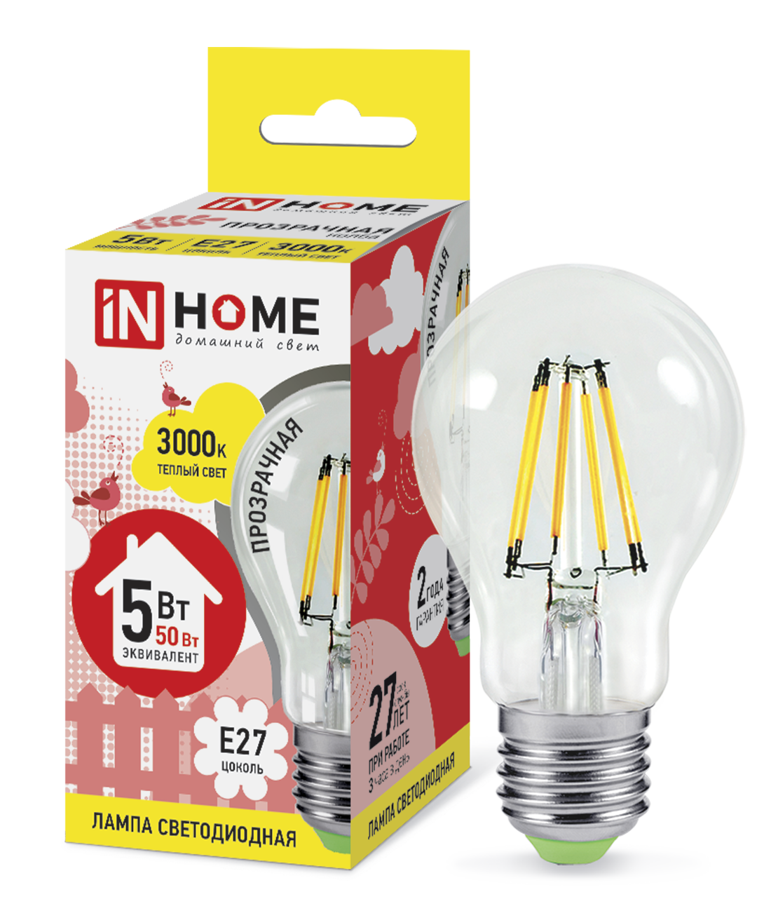 Купить лампа светодиодная led-a60-deco 5вт 230в е27 3000к 450лм прозрачная in home, 100% качество, в наличии на L-ed.ru