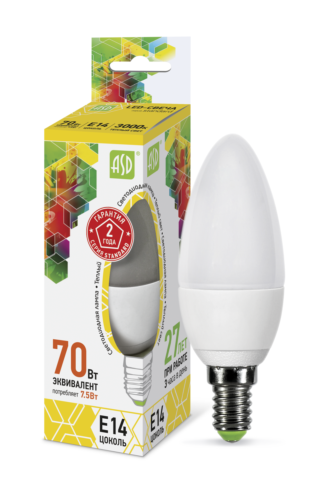 Купить лампа светодиодная led-свеча-standard 7.5вт 230в е14 3000к 675лм asd в интернет-магазине L-ed.ru	