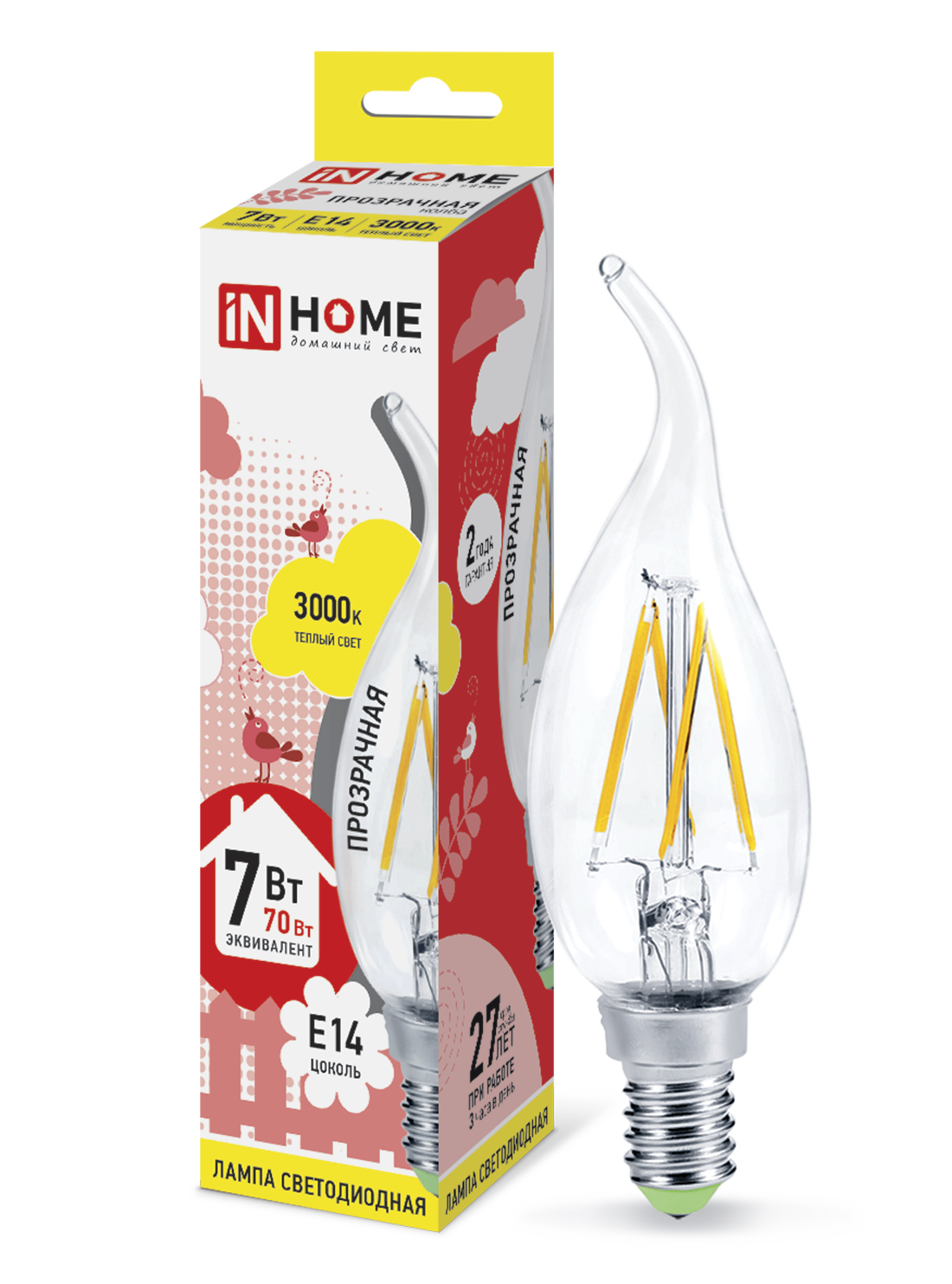 Купить лампа светодиодная led-свеча на ветру-deco 7вт 230в е14 3000к 630лм прозрачная in home, 100% качество, в наличии на L-ed.ru