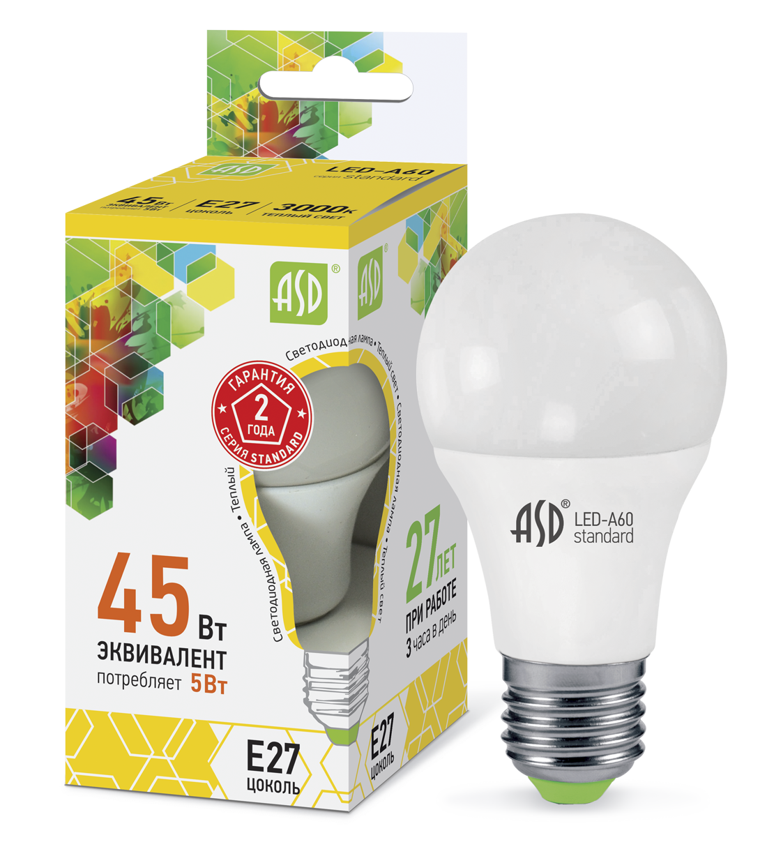 Купить лампа светодиодная led-a60-standard 5вт 230в е27 3000к 450лм asd, 100% качество, в наличии на L-ed.ru