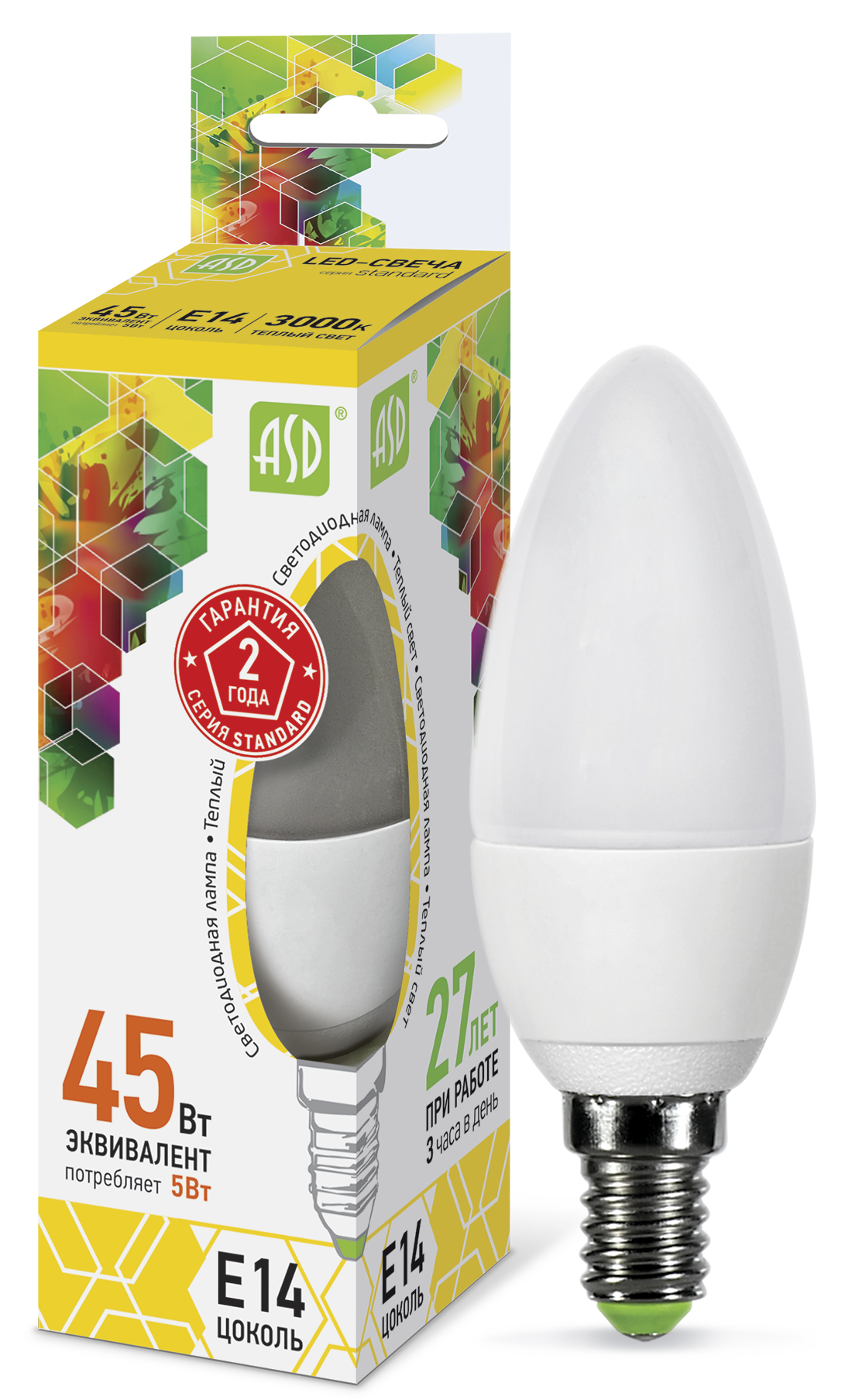 Купить лампа светодиодная led-свеча-standard 5вт 230в е14 3000к 450лм asd, 100% качество, в наличии на L-ed.ru