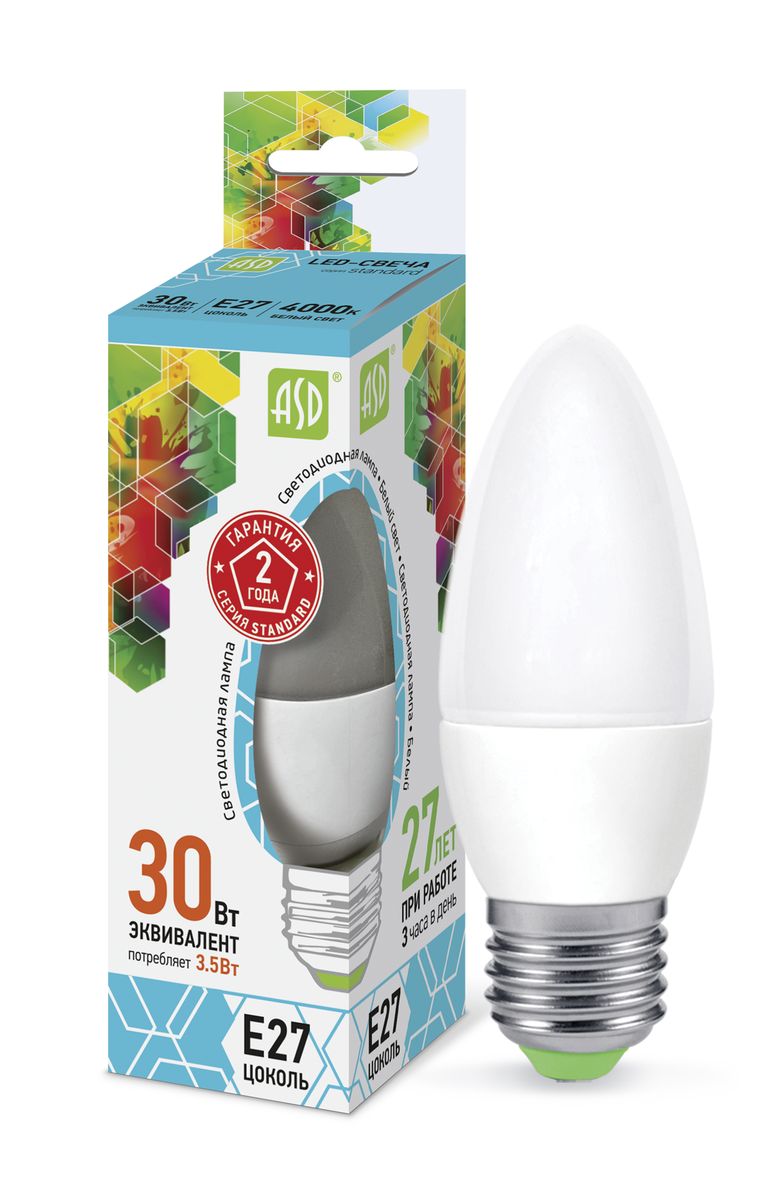 Купить лампа светодиодная led-свеча-standard 3.5вт 230в е27 4000к 320лм asd, 100% качество, в наличии на L-ed.ru