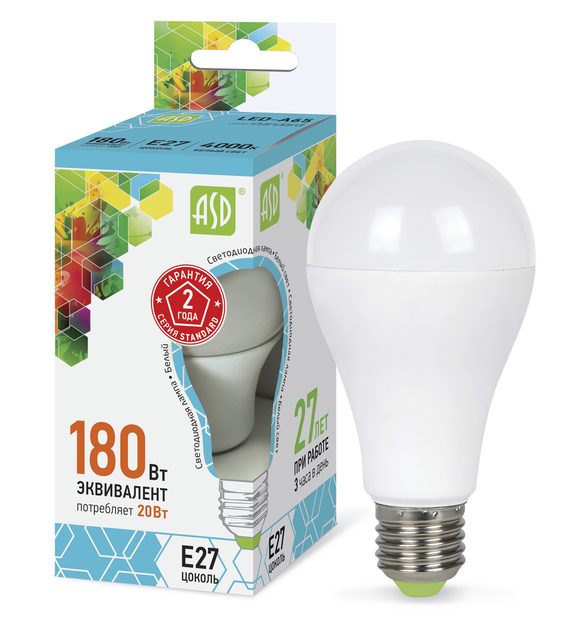 Купить лампа светодиодная led-a60-standard 20вт 230в е27 4000к 1800лм asd, 100% качество, в наличии на L-ed.ru