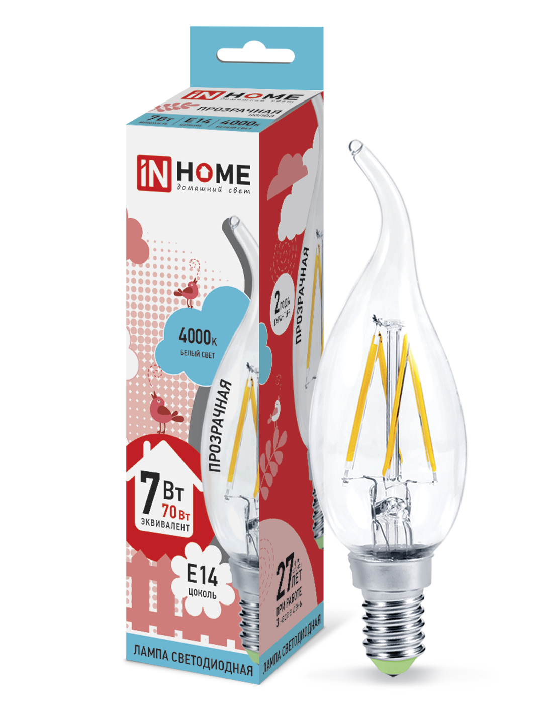 Купить лампа светодиодная led-свеча на ветру-deco 7вт 230в е14 4000к 630лм прозрачная in home, 100% качество, в наличии на L-ed.ru