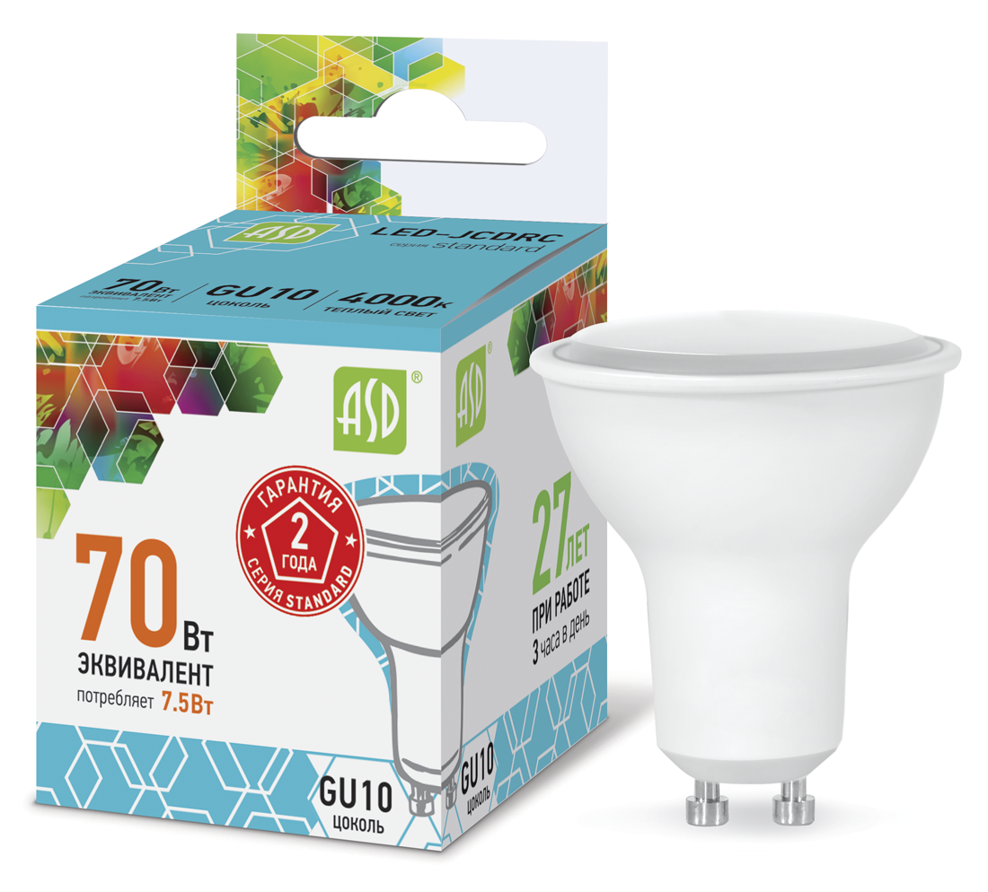 Купить лампа светодиодная led-jcdrc-standard 7.5вт 230в gu10 4000к 675лм asd, 100% качество, в наличии на L-ed.ru