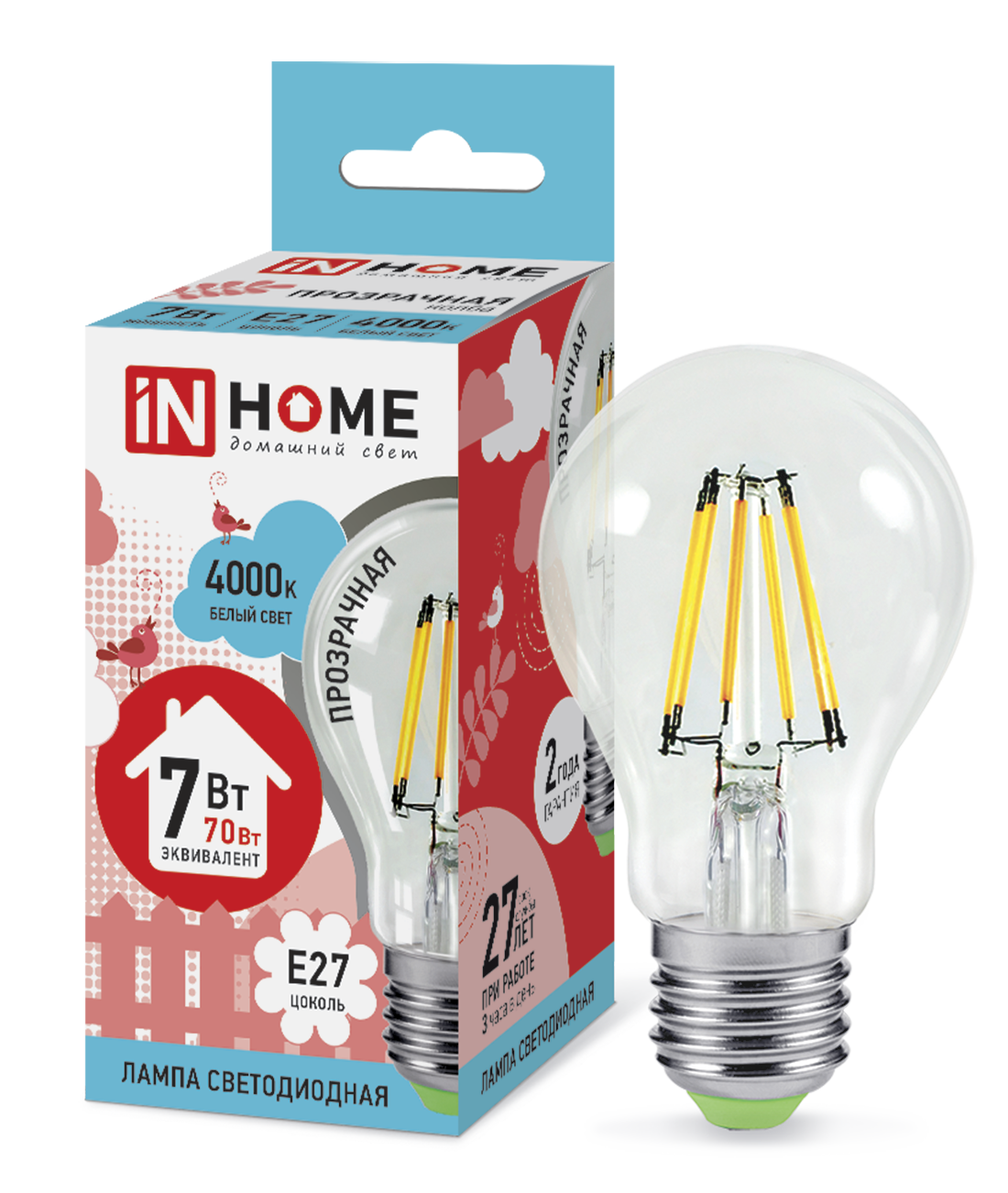 Купить лампа светодиодная led-a60-deco 7вт 230в е27 4000к 630лм прозрачная in home, 100% качество, в наличии на L-ed.ru