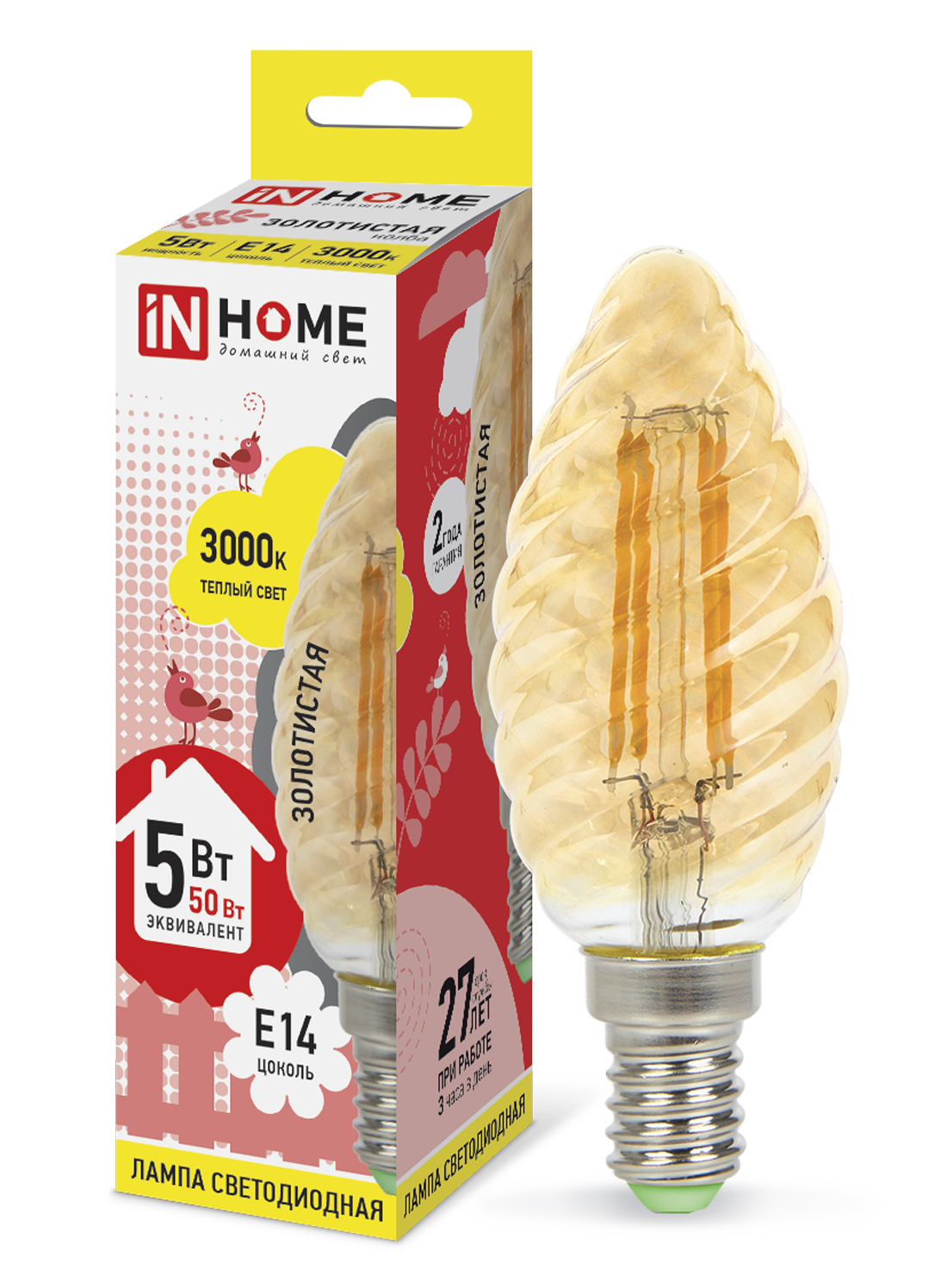 Купить лампа светодиодная led-свеча витая-deco 5вт 230в е14 3000к 450лм золотистая in home, 100% качество, в наличии на L-ed.ru