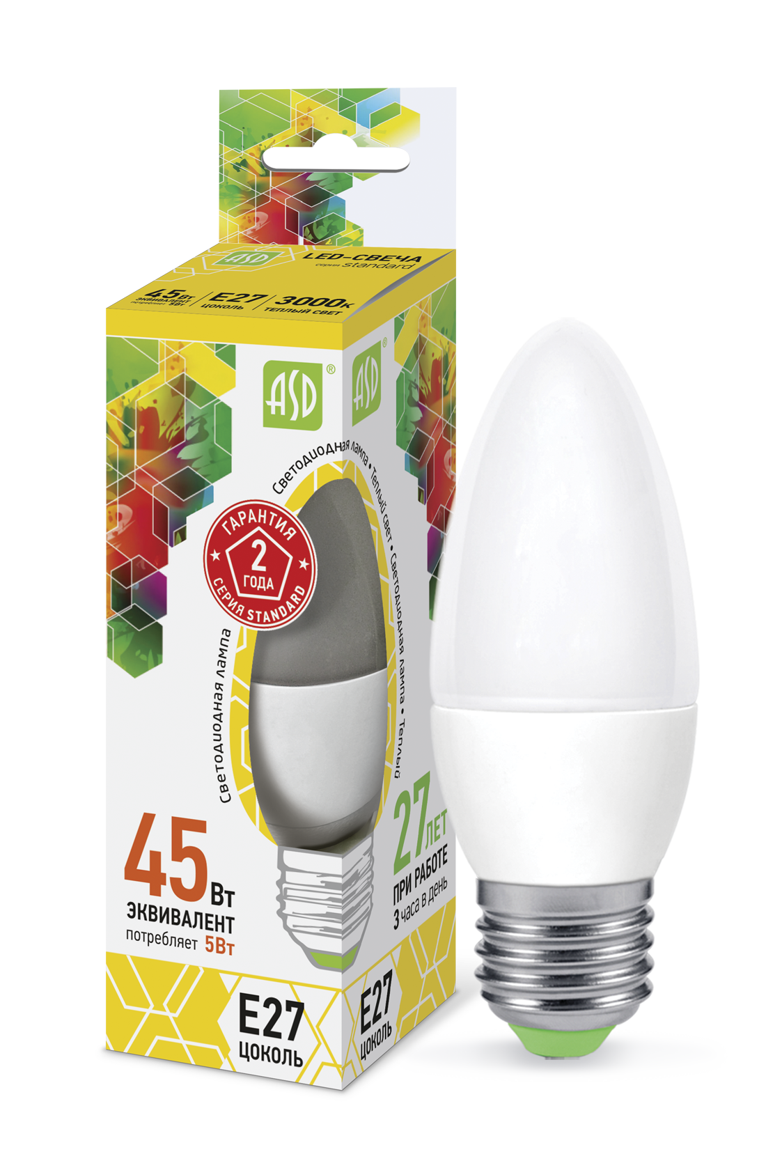 Купить лампа светодиодная led-свеча-standard 5вт 230в е27 3000к 450лм asd, 100% качество, в наличии на L-ed.ru