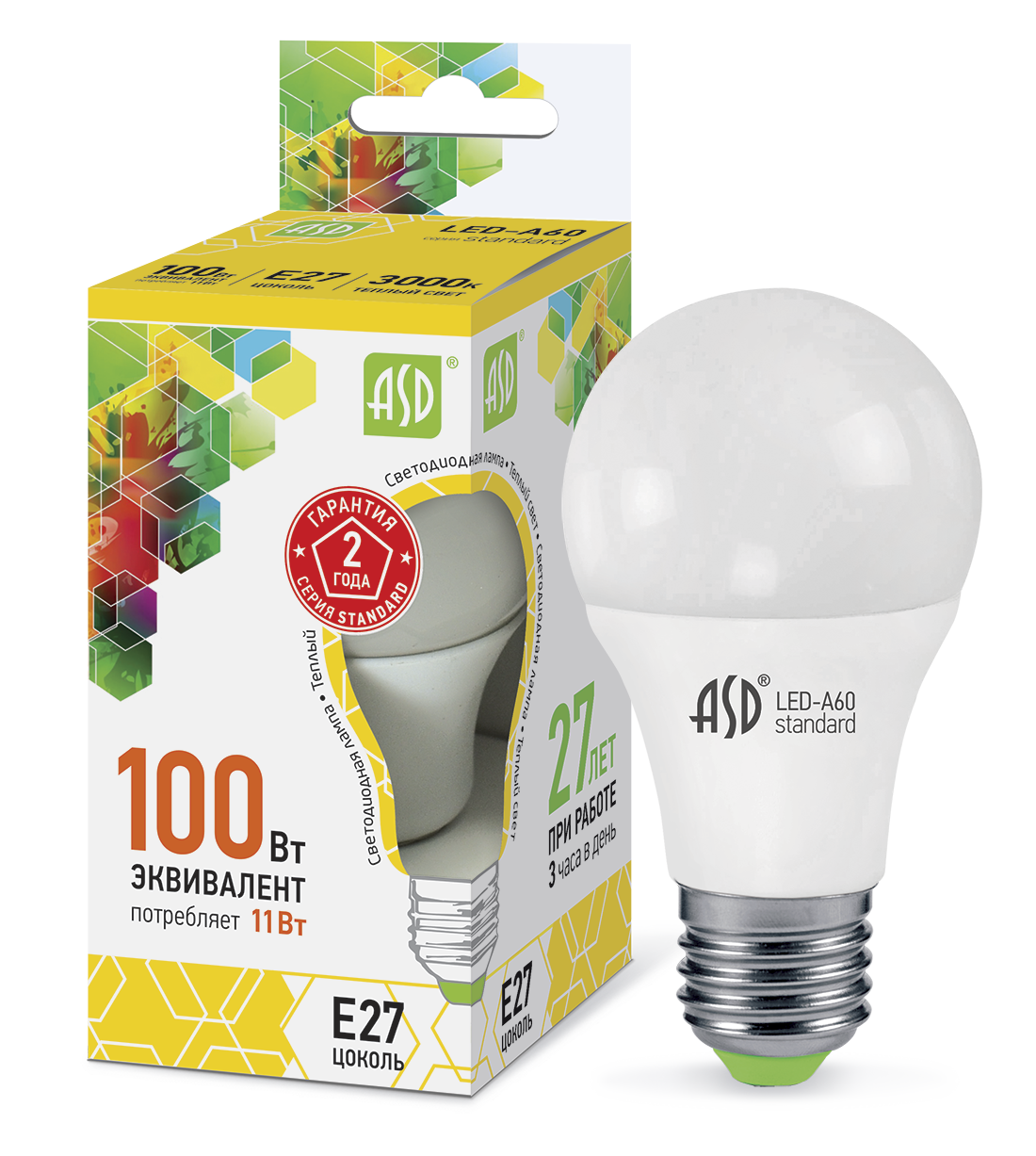 Купить лампа светодиодная led-a60-standard 11вт 230в е27 3000к 990лм asd, 100% качество, в наличии на L-ed.ru