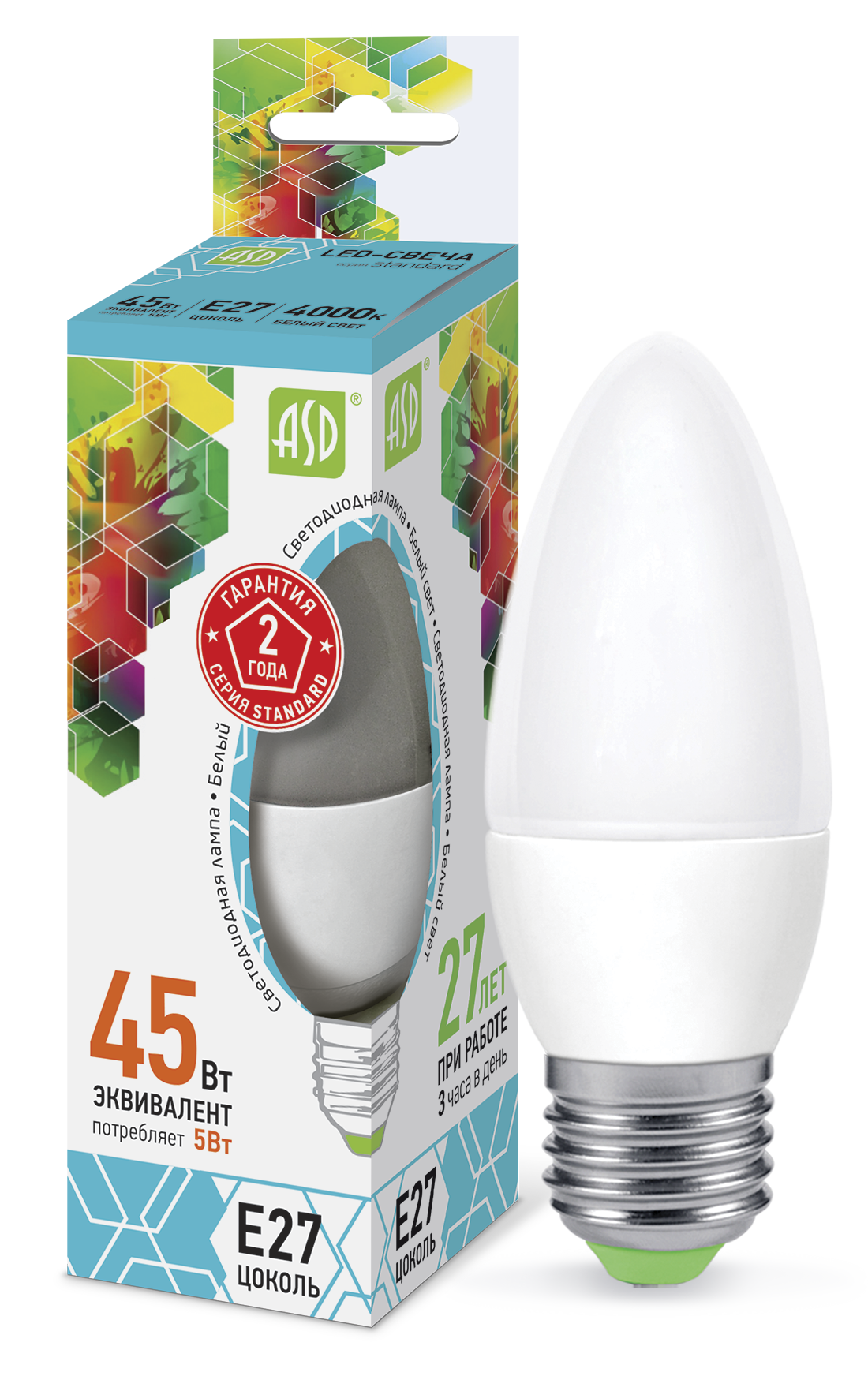 Купить лампа светодиодная led-свеча-standard 5вт 230в е27 4000к 450лм asd, 100% качество, в наличии на L-ed.ru