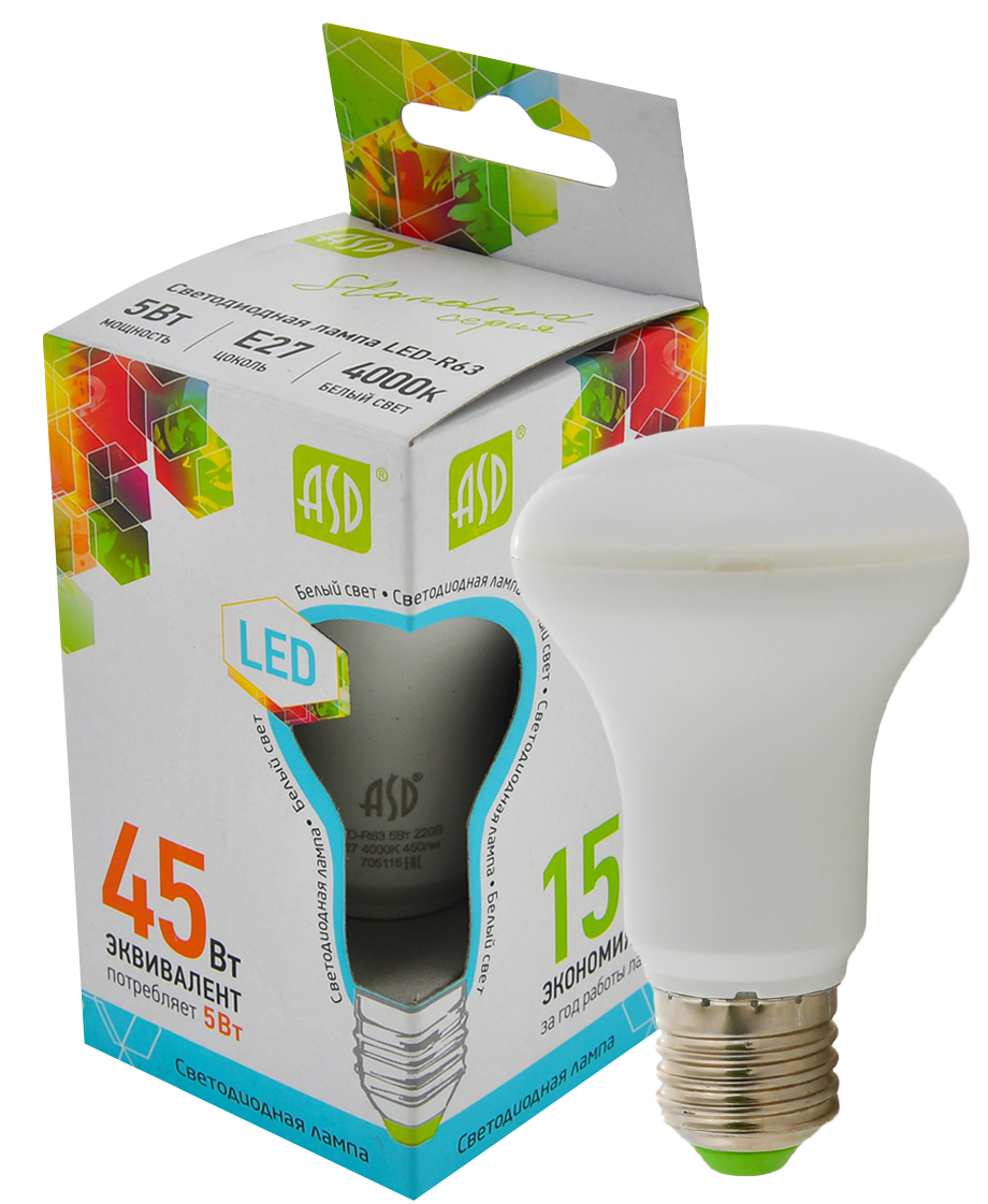 Купить лампа светодиодная led-r63-standard 5вт 230в е27 4000к 450лм asd, 100% качество, в наличии на L-ed.ru