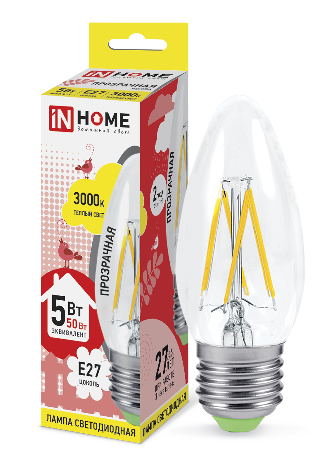 Купить лампа светодиодная led-свеча-deco 5вт 230в е27 3000к 450лм прозрачная in home, 100% качество, в наличии на L-ed.ru
