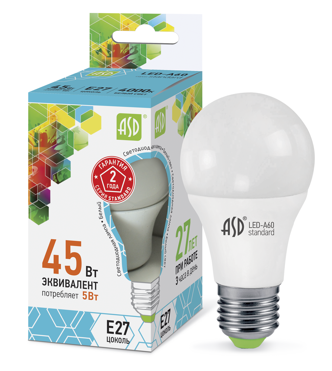 Купить лампа светодиодная led-a60-standard 5вт 230в е27 4000к 450лм asd, 100% качество, в наличии на L-ed.ru