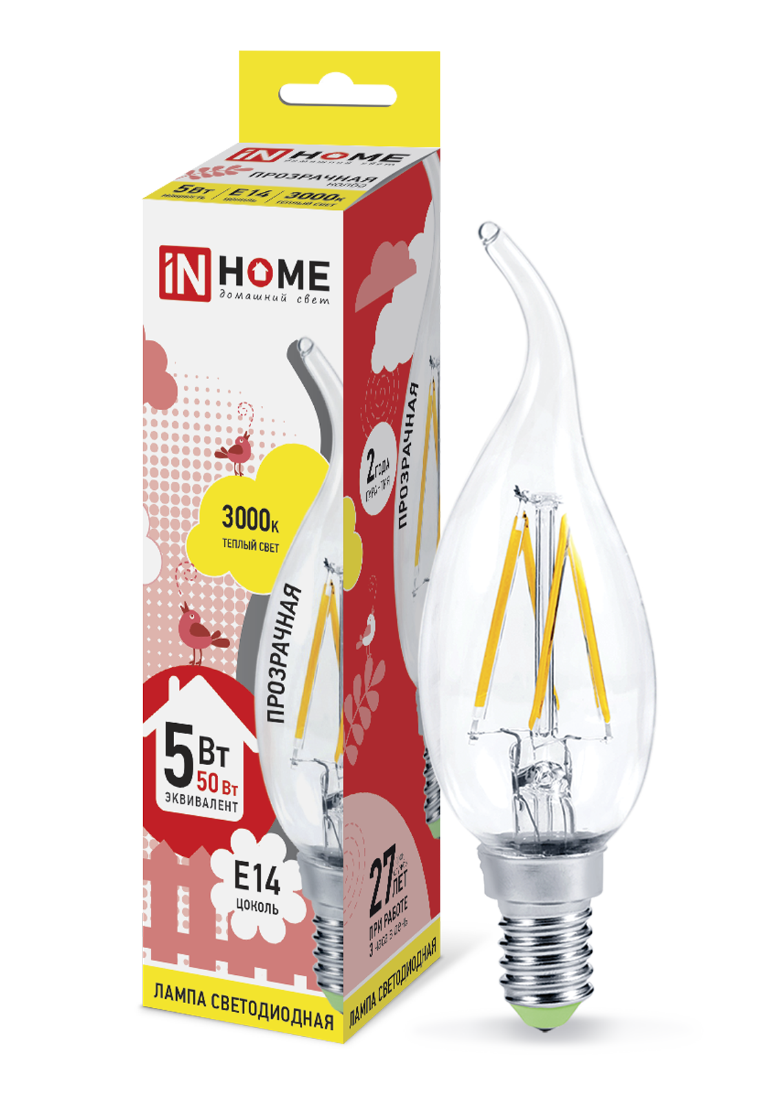 Купить лампа светодиодная led-свеча на ветру-deco 5вт 230в е14 3000к 450лм прозрачная in home, 100% качество, в наличии на L-ed.ru