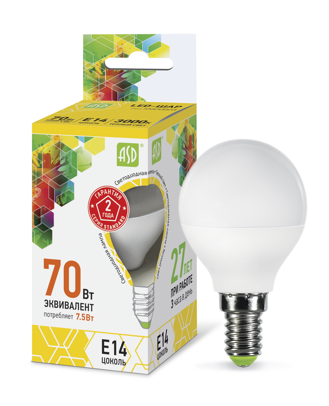 Купить лампа светодиодная led-шар-standard 7.5вт 230в е14 3000к 675лм asd, 100% качество, в наличии на L-ed.ru