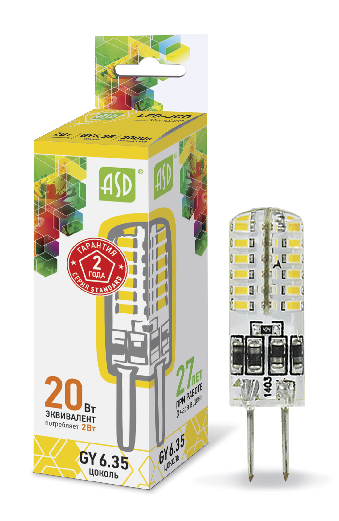 Купить лампа светодиодная led-jcd-standard 2вт 230в gy6,35 3000к 180лм asd, 100% качество, в наличии на L-ed.ru