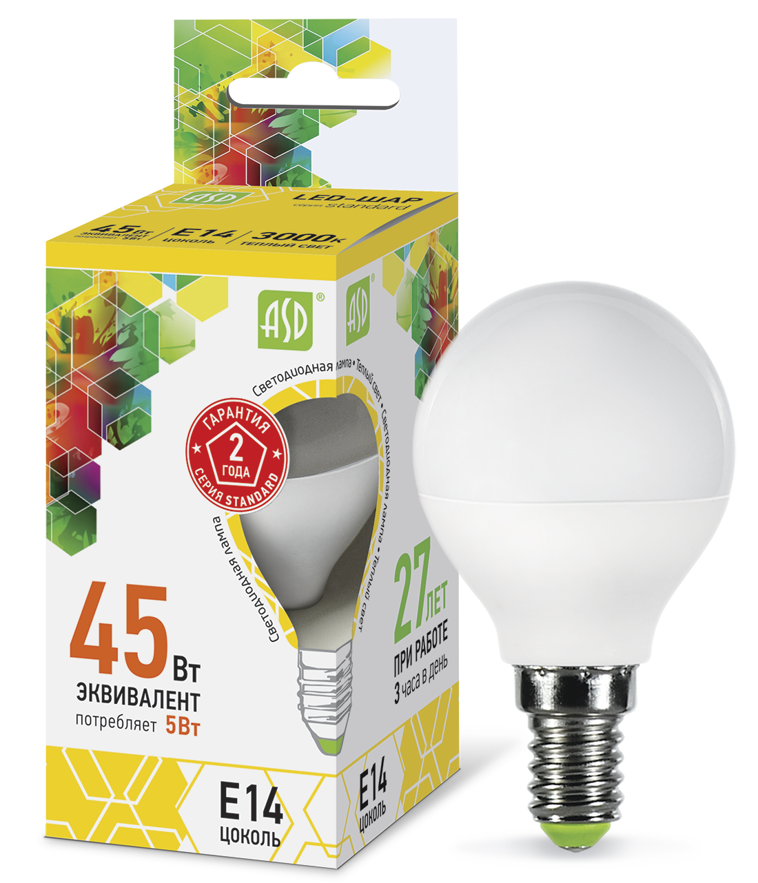 Купить лампа светодиодная led-шар-standard 5вт 230в е14 3000к 450лм asd, 100% качество, в наличии на L-ed.ru