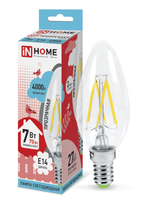 Купить лампа светодиодная led-свеча-deco 7вт 230в е14 4000к 630лм прозрачная in home, 100% качество, в наличии на L-ed.ru