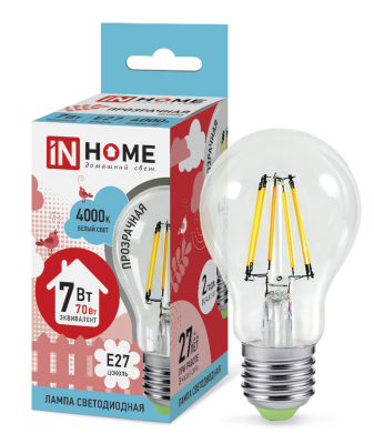 Купить лампа светодиодная led-a60-deco 7вт 230в е27 4000к 630лм прозрачная in home, 100% качество, в наличии на L-ed.ru
