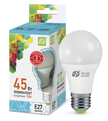 Купить лампа светодиодная led-a60-standard 5вт 230в е27 4000к 450лм asd, 100% качество, в наличии на L-ed.ru
