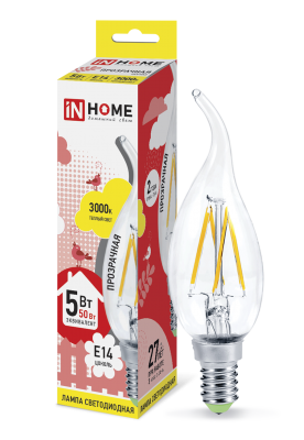 Купить лампа светодиодная led-свеча на ветру-deco 5вт 230в е14 3000к 450лм прозрачная in home, 100% качество, в наличии на L-ed.ru