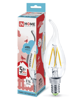 Купить лампа светодиодная led-свеча на ветру-deco 5вт 230в е14 4000к 450лм прозрачная in home, 100% качество, в наличии на L-ed.ru