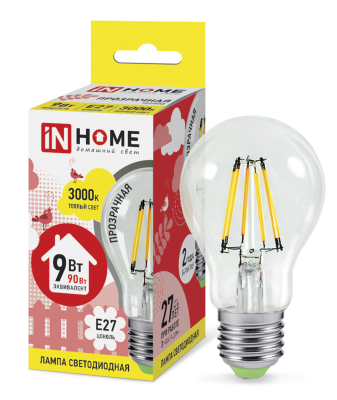Купить лампа светодиодная led-a60-deco 9вт 230в е27 3000к 810лм прозрачная in home, 100% качество, в наличии на L-ed.ru