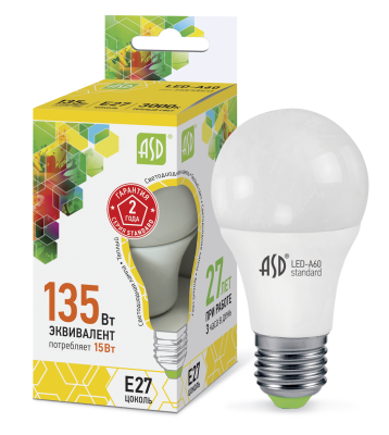 Купить лампа светодиодная led-a60-standard 15вт 230в е27 3000к 1350лм asd, 100% качество, в наличии на L-ed.ru